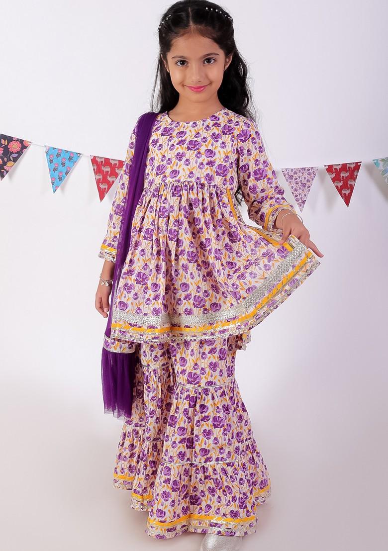 Lavender Jaipuri Print Sharara With Kurta And Dupatta (Set of 3) - Indya