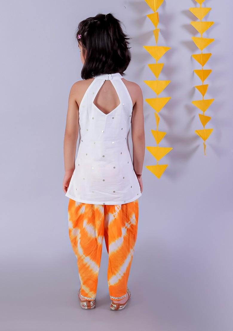 Orange Tie And Dye Print Kurta With Dhoti Pants (Set of 2)