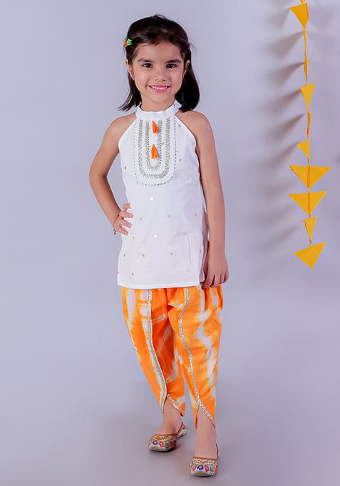 Orange Tie And Dye Print Kurta With Dhoti Pants (Set of 2)