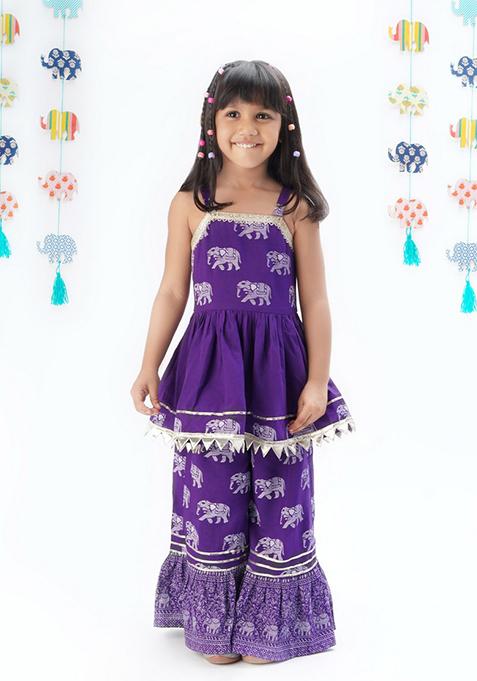 Purple Block Print Flared Sharara With Short Kurta (Set of 2)