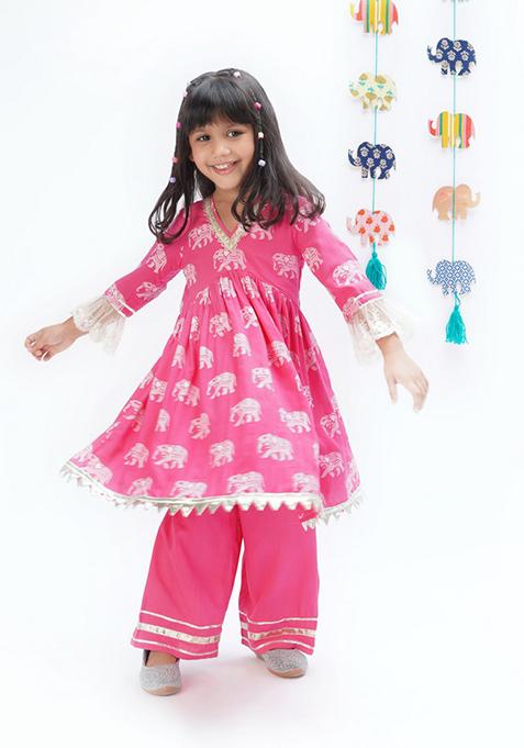 Pink Block Print Embroidered Kurta With Pants (Set of 2)