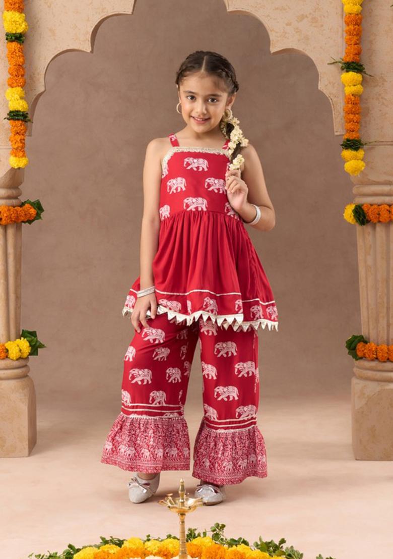 Red Block Print Sharara With Short Kurta (Set of 2)
