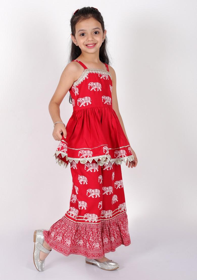 Red Block Print Sharara With Short Kurta (Set of 2)