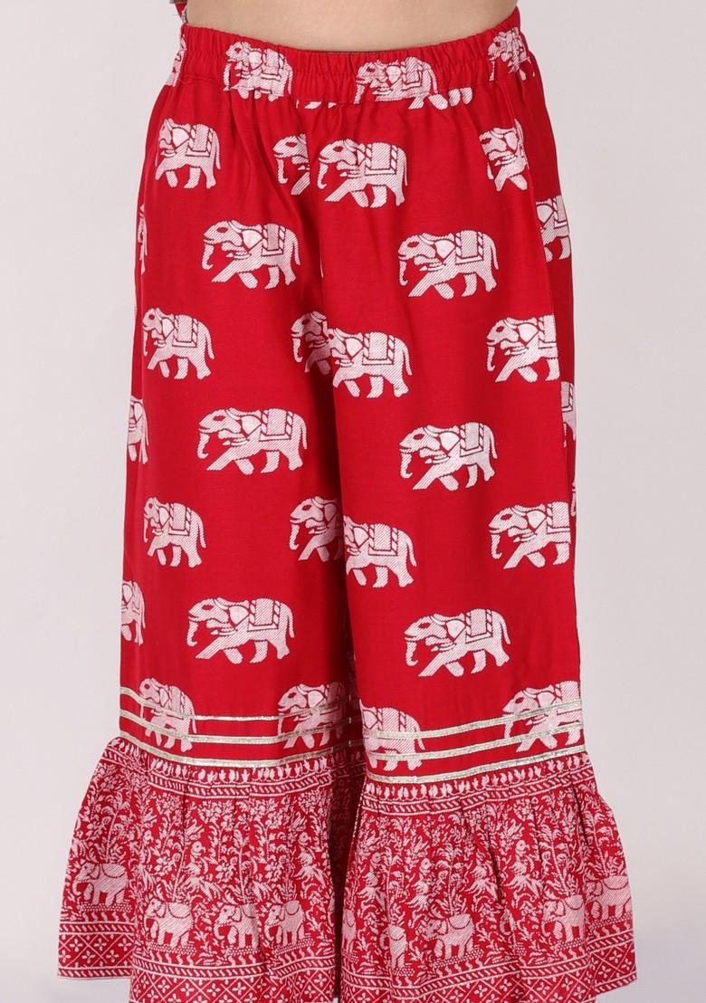 Red Block Print Sharara With Short Kurta (Set of 2)