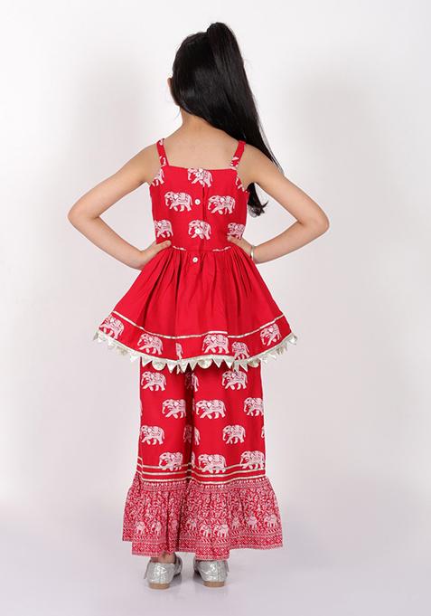 Red Block Print Sharara With Short Kurta (Set of 2)