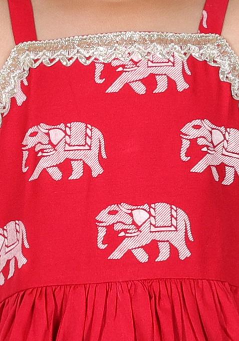 Red Block Print Sharara With Short Kurta (Set of 2)