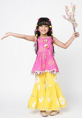 Pink Tie And Dye Print Embroidered Kurta With Dhoti Pants (Set of 2)