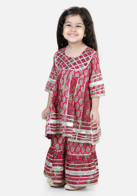 Pink Printed Kurta With Sharara And Dupatta (Set of 3)