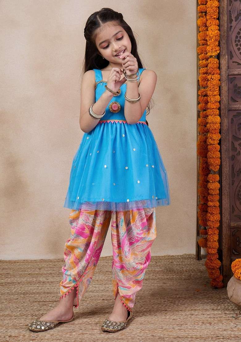 Blue Embroidered Kurta With Dhoti Pants (Set of 2) - Indya