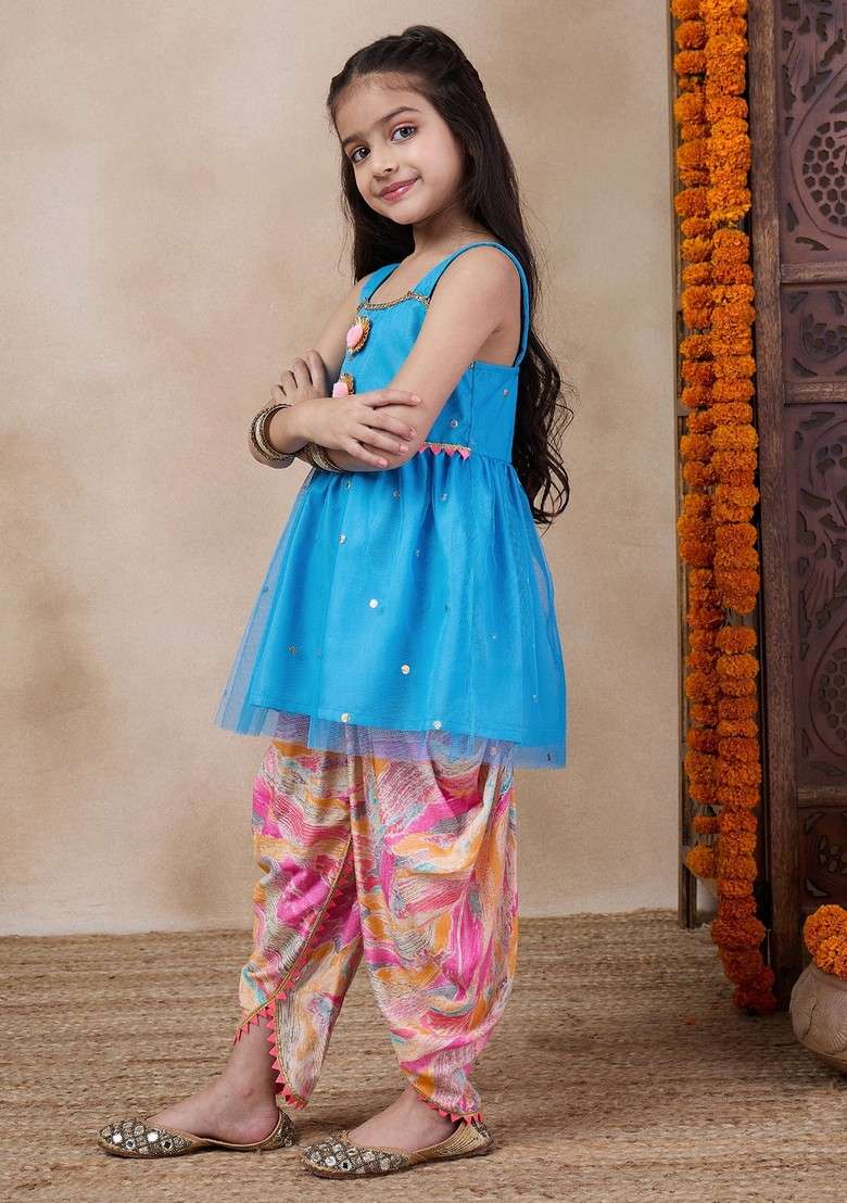 Blue Embroidered Kurta With Dhoti Pants (Set of 2) - Indya