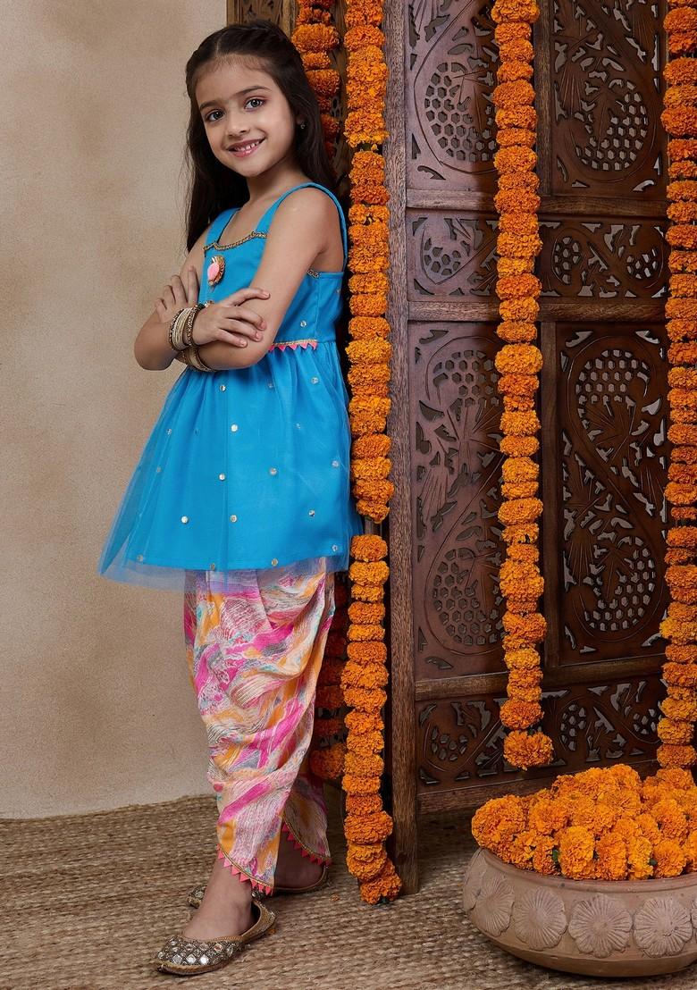 Blue Embroidered Kurta With Dhoti Pants (Set of 2) - Indya