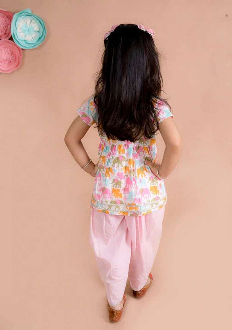 White Printed Kurta With Dhoti Pants (Set of 2) - Indya