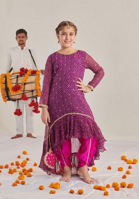 Purple Printed Kurta With Dhoti Pants (Set of 2)