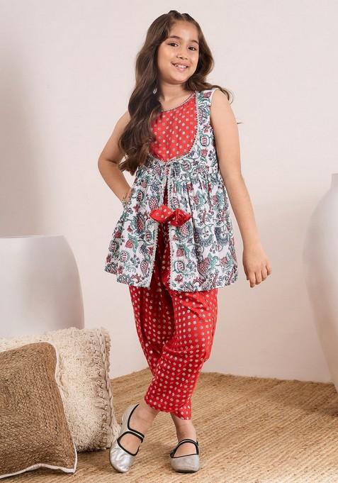 Red Printed Kurta With Dhoti Pants (Set of 2)