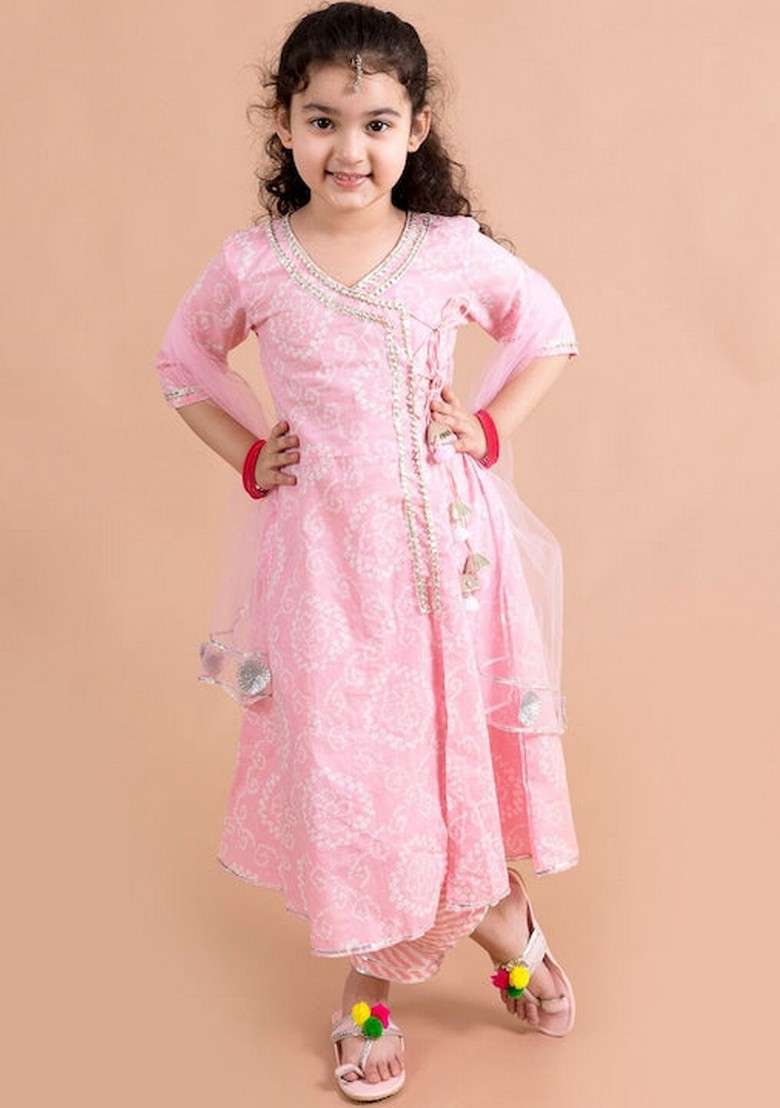 Pink Printed Kurta With Pants And Dupatta (Set of 3) - Indya