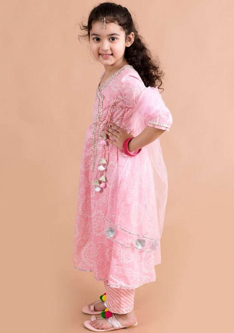 Pink Printed Kurta With Pants And Dupatta (Set of 3) - Indya