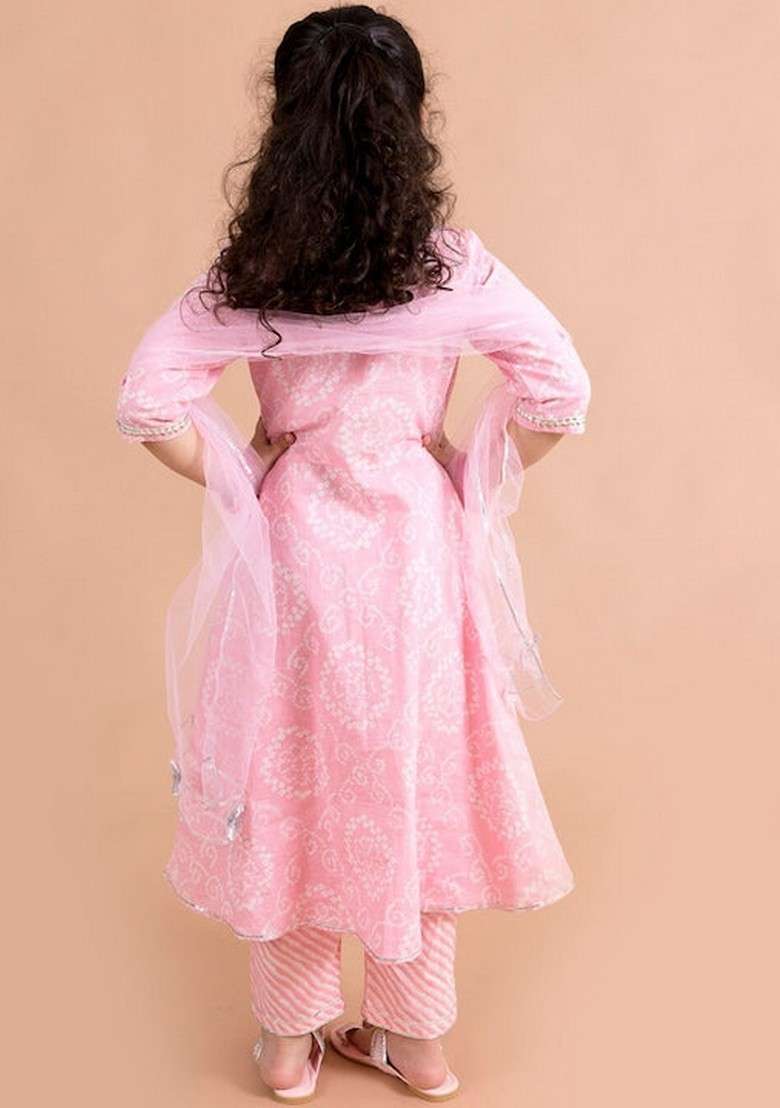 Pink Printed Kurta With Pants And Dupatta (Set of 3) - Indya