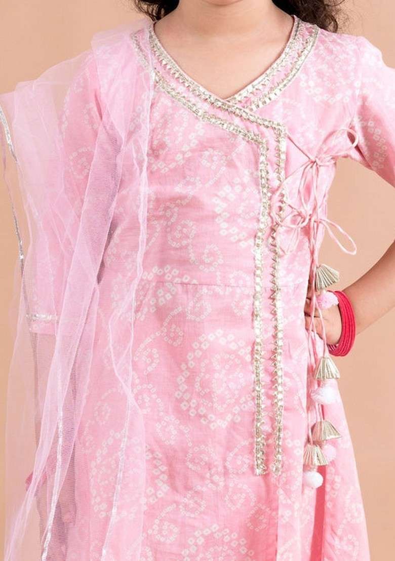 Pink Printed Kurta With Pants And Dupatta (Set of 3) - Indya
