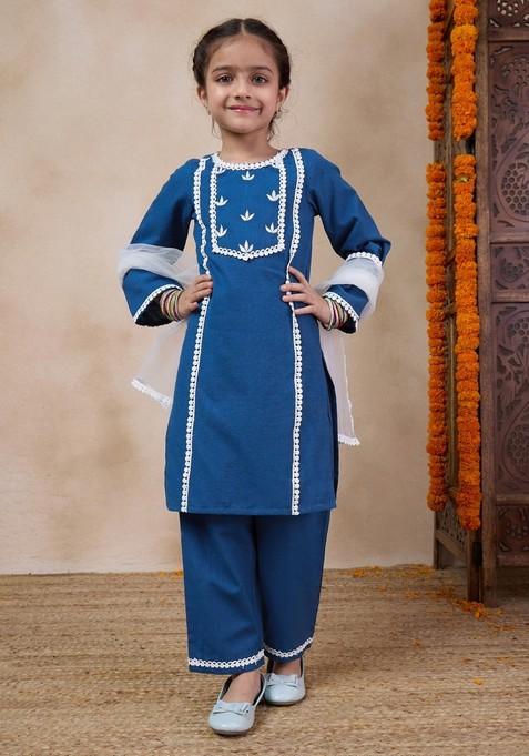 Blue Yoke Design Kurta With Pants And Dupatta (Set of 3)