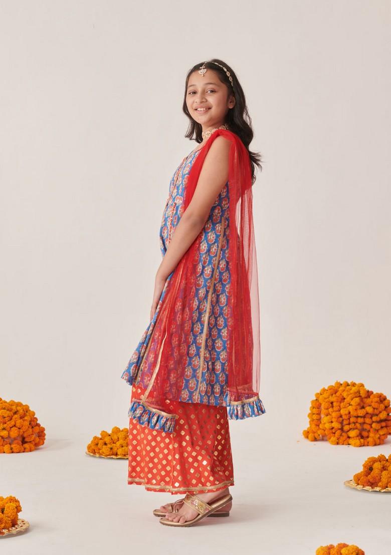 Blue Printed Kurta With Palazzo And Dupatta (Set of 3)