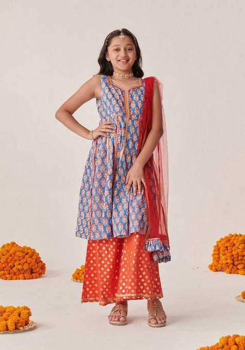 Blue Printed Kurta With Palazzo And Dupatta (Set of 3)