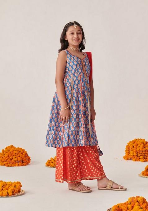 Blue Printed Kurta With Palazzo And Dupatta (Set of 3)