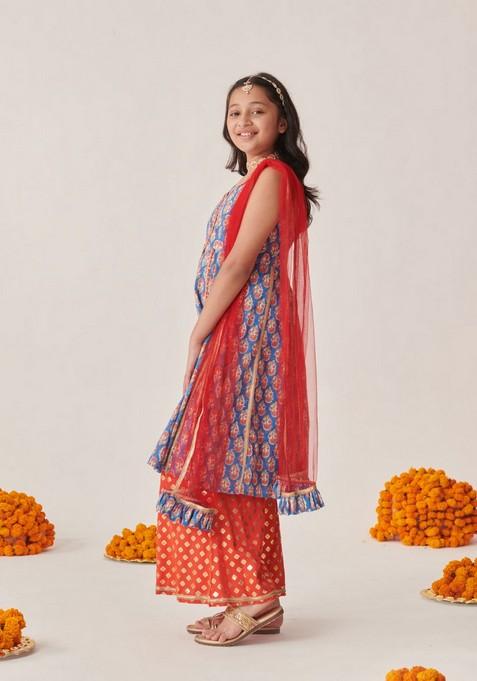 Blue Printed Kurta With Palazzo And Dupatta (Set of 3)