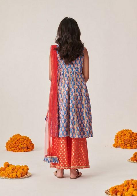 Blue Printed Kurta With Palazzo And Dupatta (Set of 3)