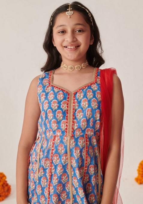 Blue Printed Kurta With Palazzo And Dupatta (Set of 3)