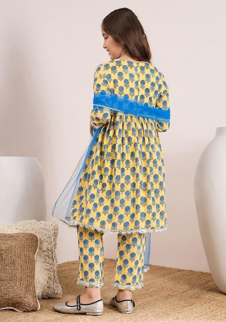 Yellow Printed Kurta With Pants (Set of 2)
