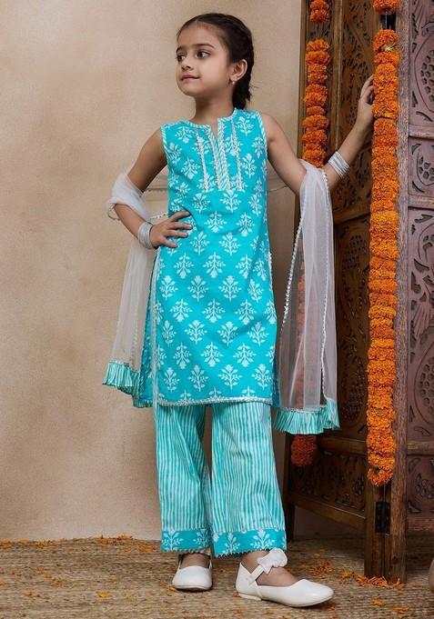 Blue Printed Kurta With Pajama And Dupatta (Set of 3)