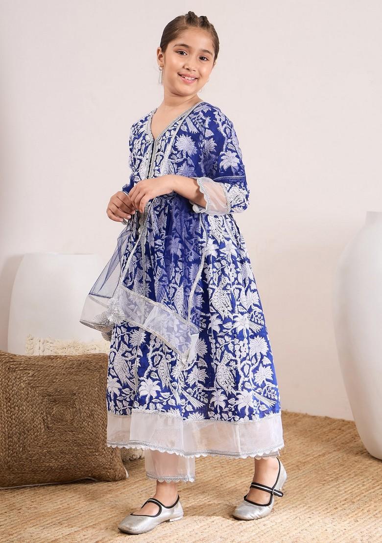 Blue Printed Kurta With Pants And Dupatta (Set of 3)
