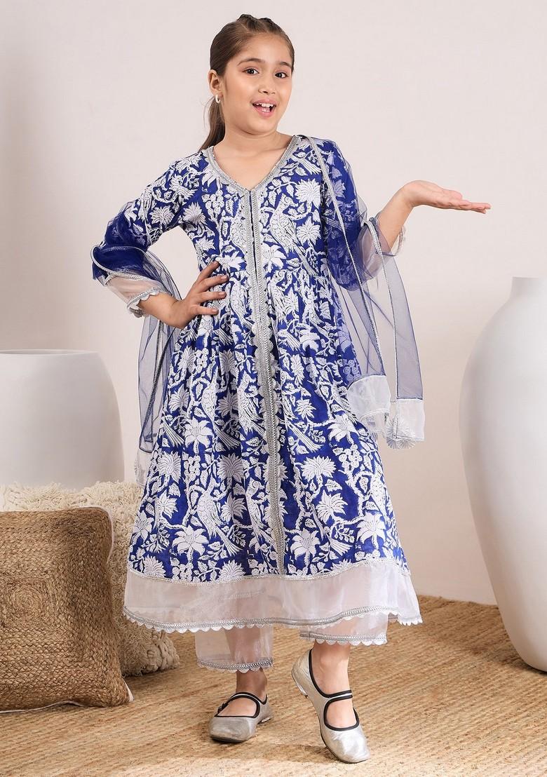 Blue Printed Kurta With Pants And Dupatta (Set of 3)