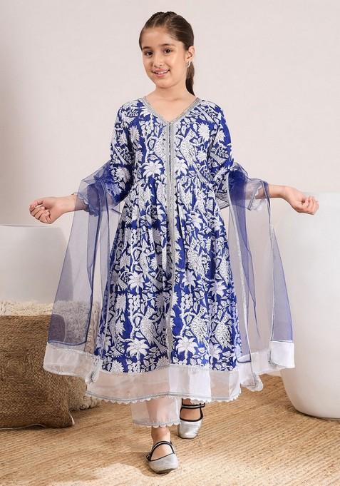 Blue Printed Kurta With Pants And Dupatta (Set of 3)