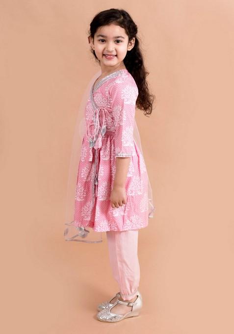 Pink Printed Kurta With Pants And Dupatta (Set of 3)