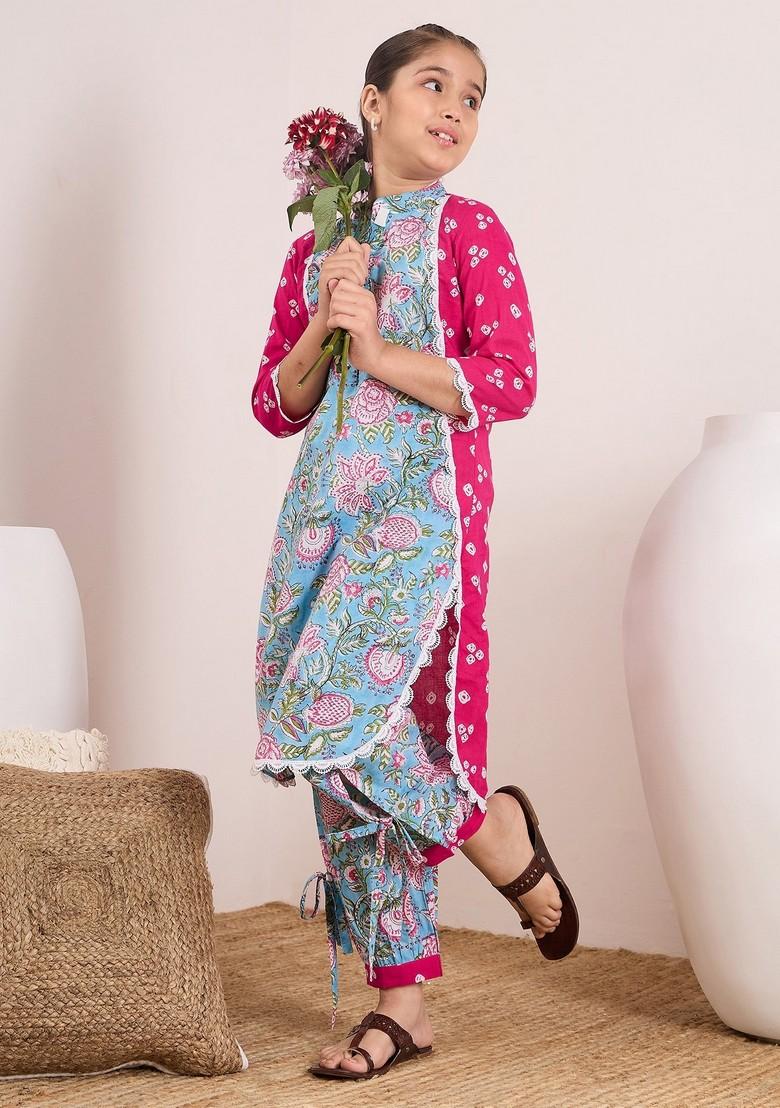 Magenta Printed Kurta With Pants (Set of 2) - Indya