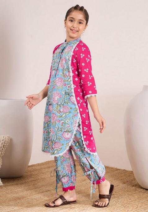 Magenta Printed Kurta With Pants (Set of 2)