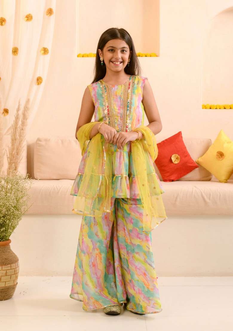 Multicolour Printed Kurta With Pants And Dupatta (Set of 3) - Indya