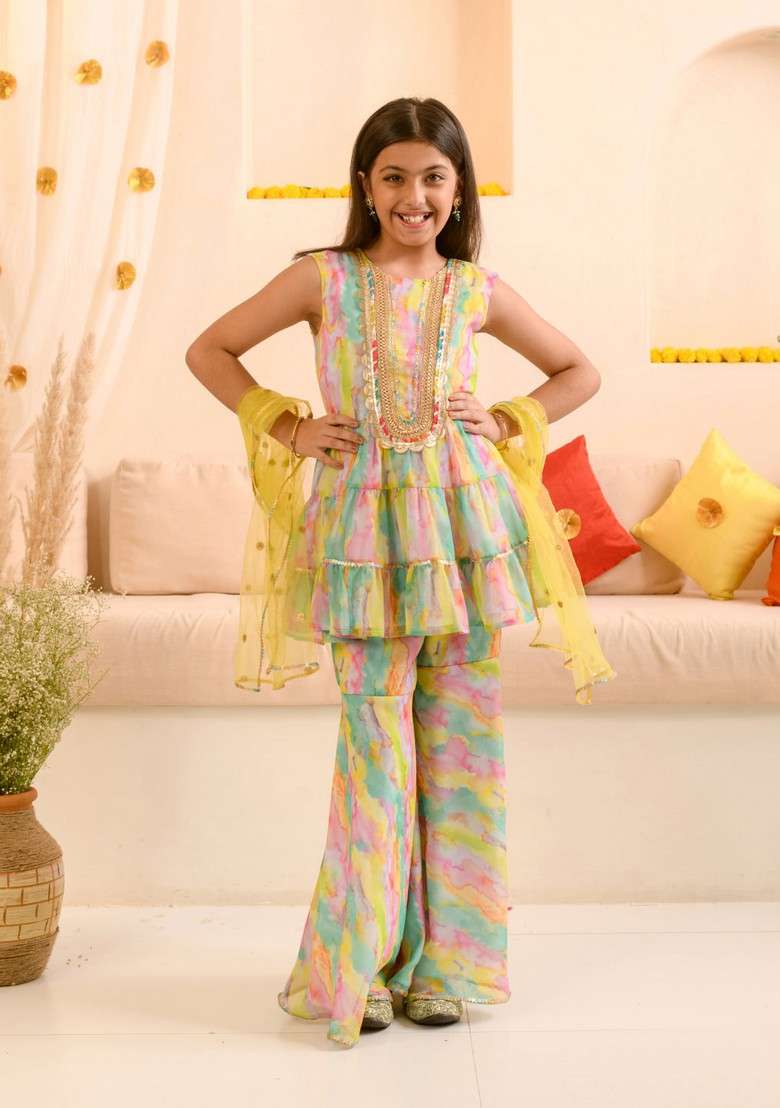 Multicolour Printed Kurta With Pants And Dupatta (Set of 3) - Indya