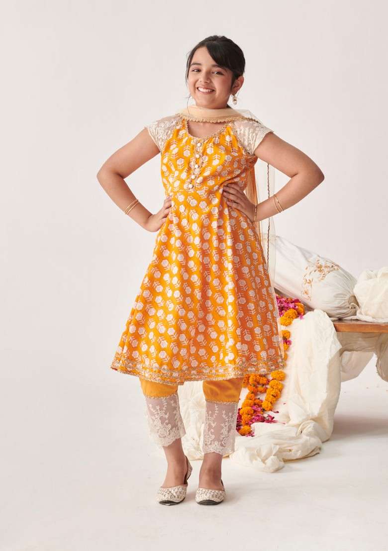 Orange Printed Kurta With Pants And Dupatta (Set of 3) - Indya