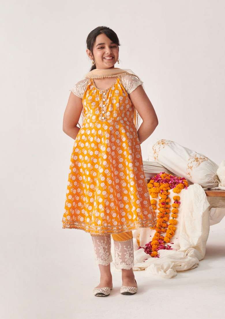 Orange Printed Kurta With Pants And Dupatta (Set of 3) - Indya