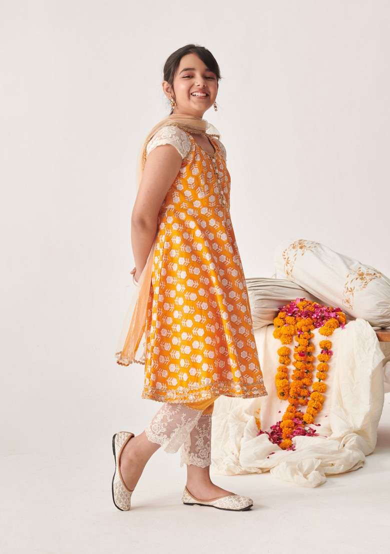 Orange Printed Kurta With Pants And Dupatta (Set of 3) - Indya