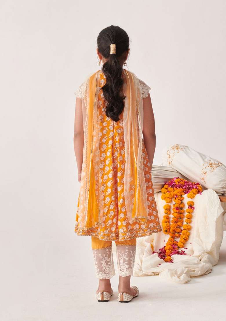 Orange Printed Kurta With Pants And Dupatta (Set of 3) - Indya