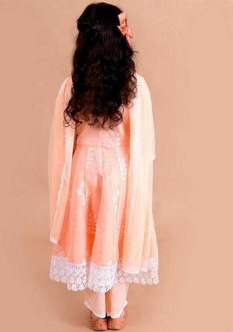 Peach Printed Kurta With Pants And Dupatta (Set of 3)