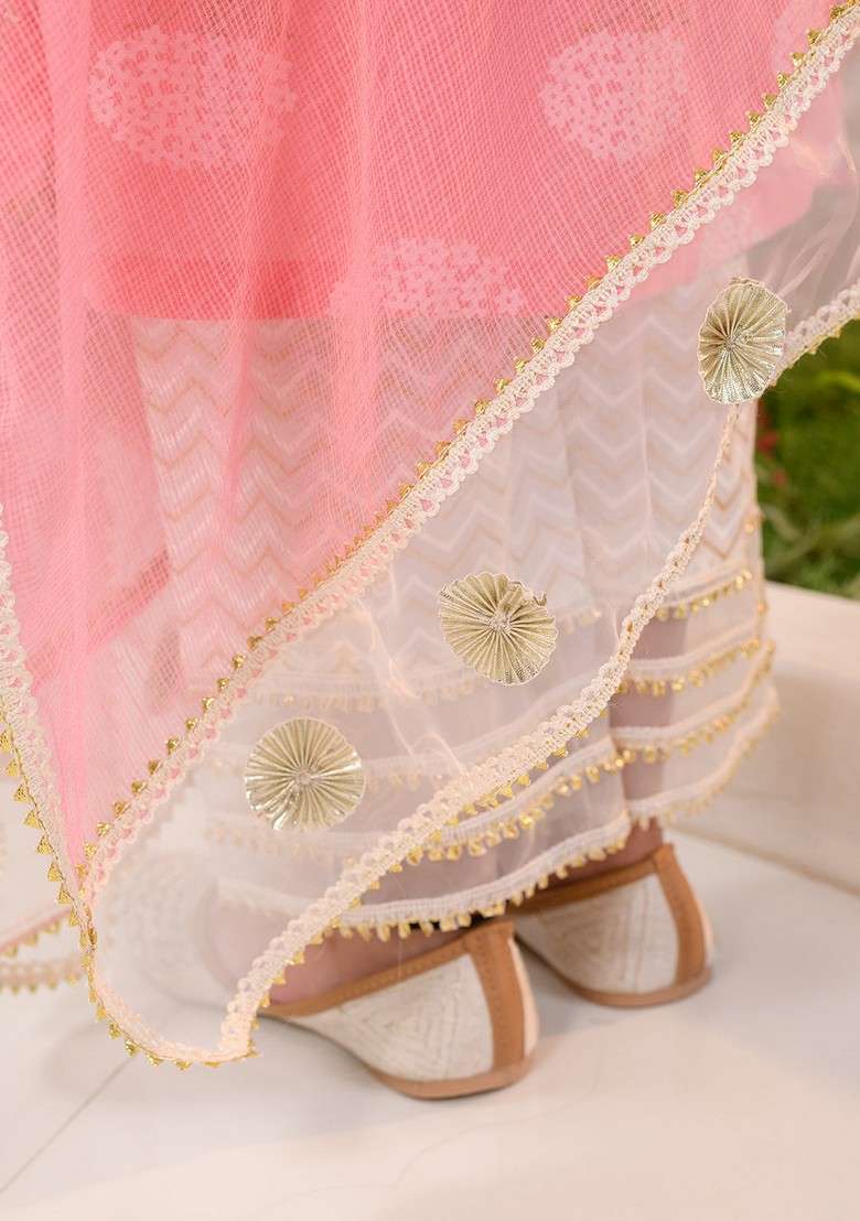 Peach Printed Kurta With Pants And Dupatta (Set of 3) - Indya