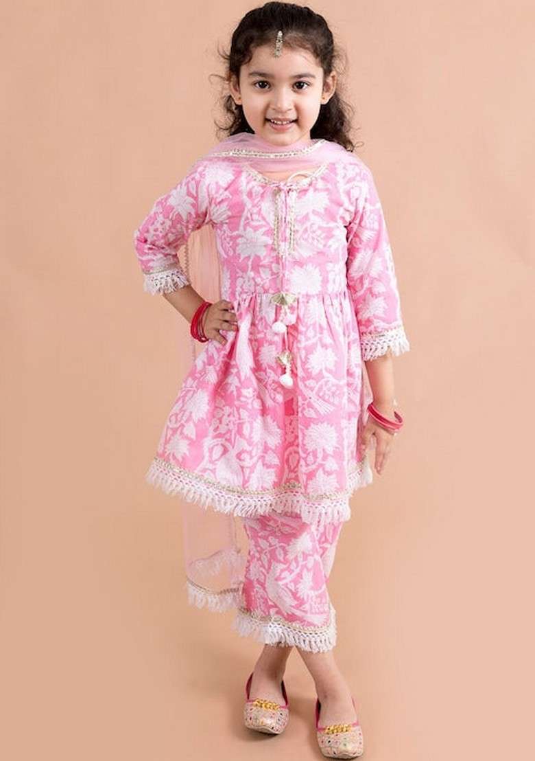 Pink Printed Kurta With Pants And Dupatta (Set of 3) - Indya