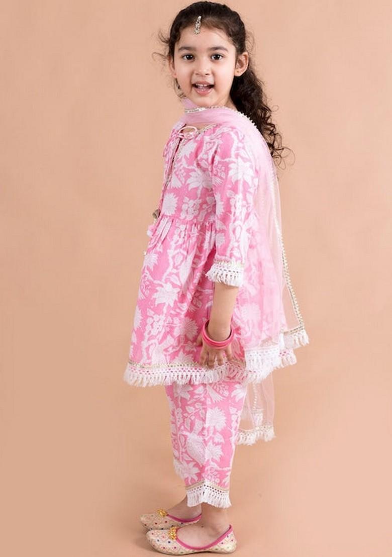 Pink Printed Kurta With Pants And Dupatta (Set of 3)