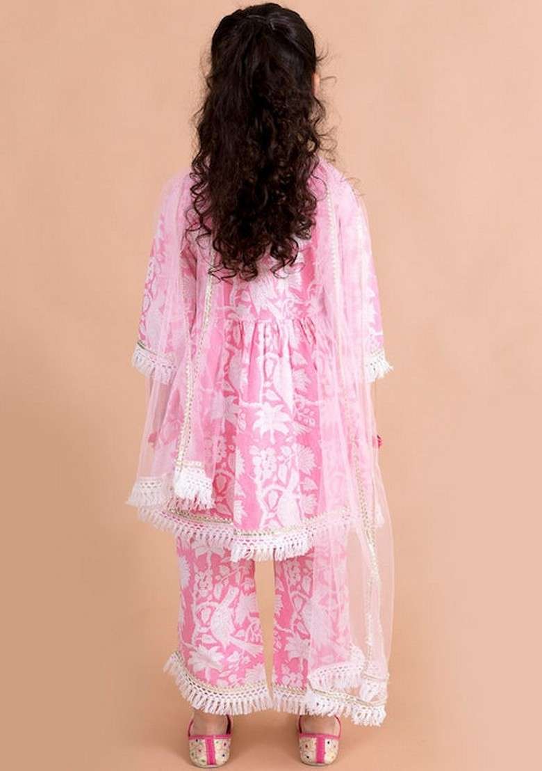 Pink Printed Kurta With Pants And Dupatta (Set of 3) - Indya