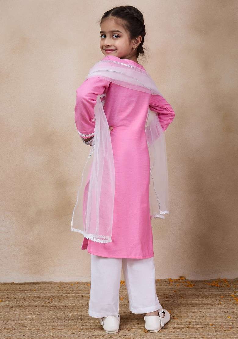 Pink Embroidered Kurta With Pants And Dupatta (Set of 3) - Indya