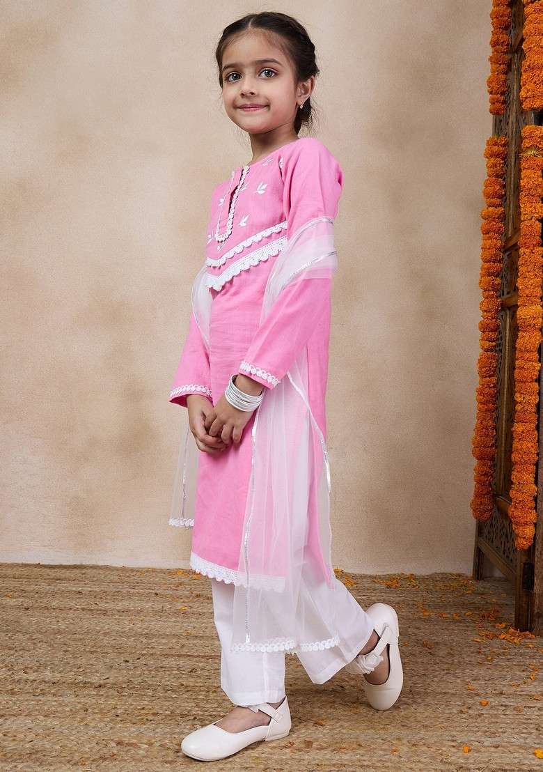 Pink Embroidered Kurta With Pants And Dupatta (Set of 3) - Indya